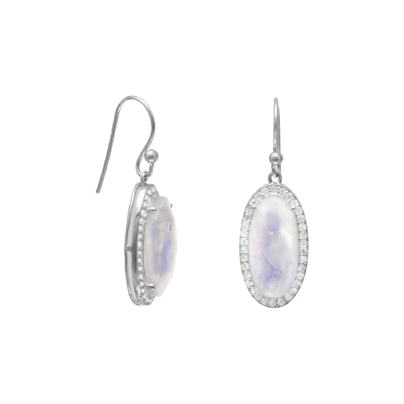 Clay crafted earrings-Rainbow Moonstone Earrings Oval with Cubic Zirconia Halo Dangle Sterling Silver