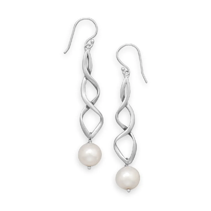 Sculpted drop earrings-Figure Eight Dangle Earrings with Cultured Freshwater Pearl Drop