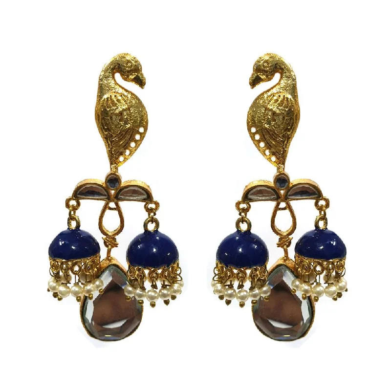 Sculpted drop earrings-Kundan and Meena Peacock earrings with double Jhumka Blue Color