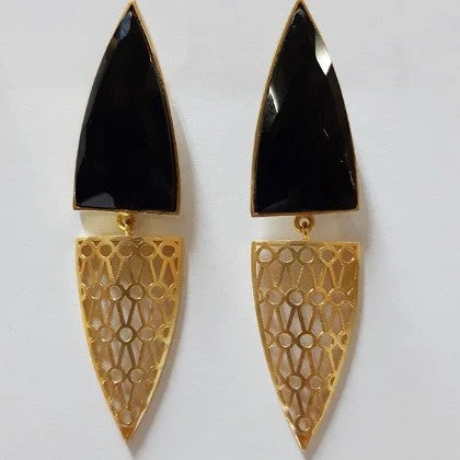 Sunflower drop earrings-BLACK ONYX GOLD STATEMENT EARRINGS