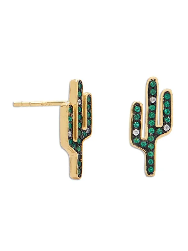 Chandelier gem earrings-Saguaro Cactus Post Stud Earrings Gold-plated Sterling Silver Cubic Zirconia