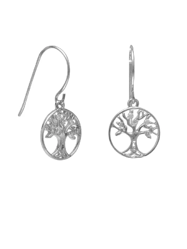 Sunflower drop earrings-Tree of Life Round Dangle Earrings Rhodium-plated Sterling Silver - Nontarnish