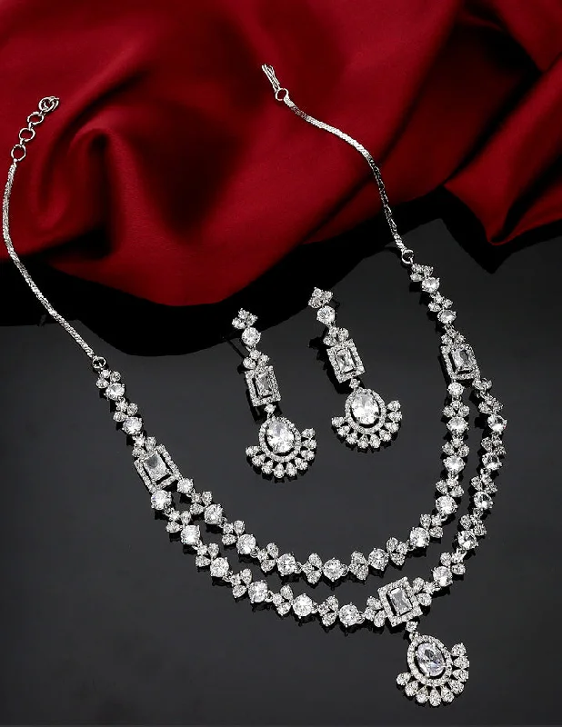 Luxe satin necklaces-Designer Rhodium Polish Zirconia Necklace Set