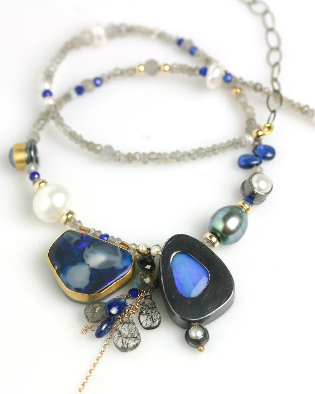 Hexagon pendant necklaces-Indigo and Black Boulder Opal and Pearls Necklace