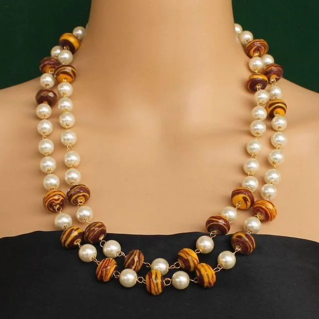 Textured gold necklaces-Pearl Dual Tone Faceted Brown Necklace