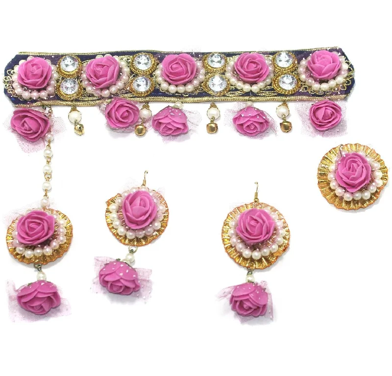 Braided cord necklaces-Gotta Patti Necklace Set with Mangtikka, Earrings and Ring Pink