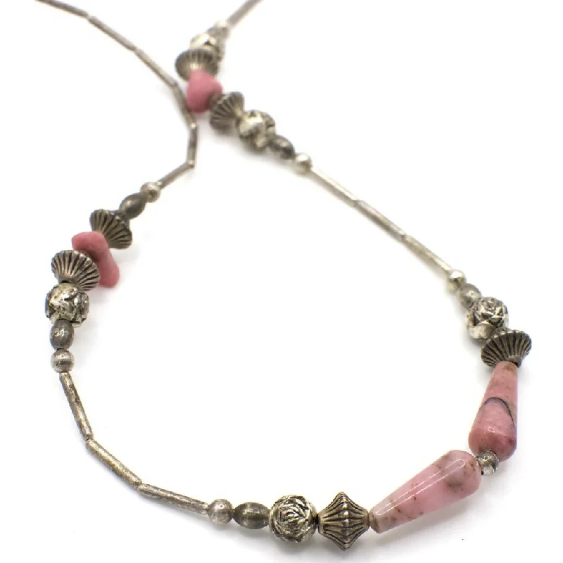 Hexagon pendant necklaces-Vintage Rhodonite and Silver Beaded Necklace