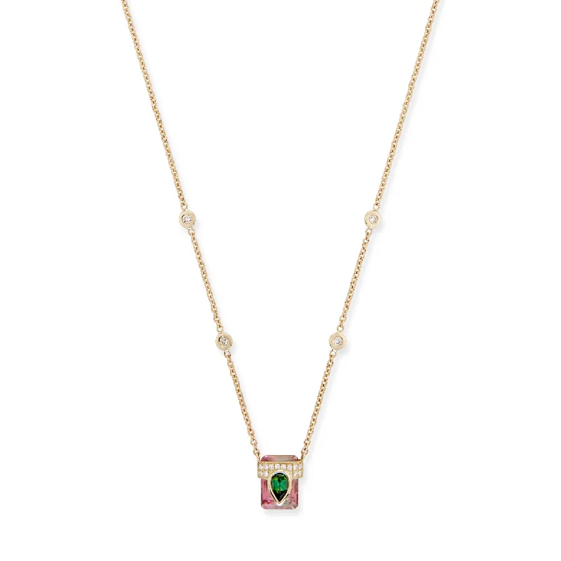 Multi-layer necklaces-PAVE GREEN TOURMALINE TEARDROP CAP + PINK OMBRE TOURMALINE BAGUETTE NECKLACE