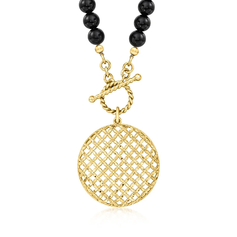 Teardrop stone necklaces-Ross-Simons 6mm Onyx Bead and 18kt Gold Over Sterling Crisscross Medallion Toggle Necklace