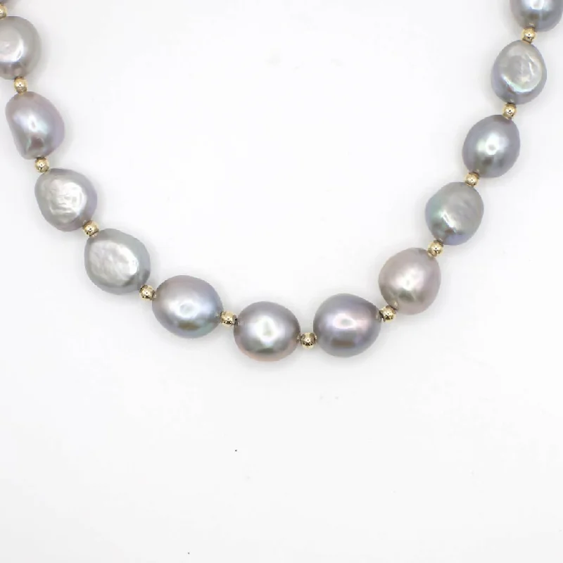 Sleek minimalist necklaces-Vintage 14K Gold and Genuine Grey Baroque Pearl Necklace