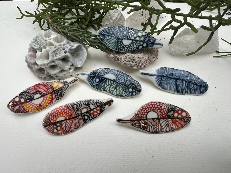 Multi-layer brooches-‘Feather’ Hand Painted Porcelain Brooch