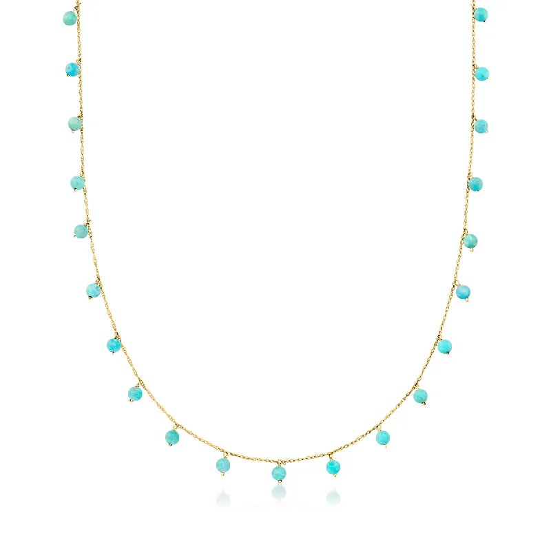 Feather motif necklaces-RS Pure by Ross-Simons 3-3.5mm Turquoise Bead Station Necklace in 14kt Yellow Gold