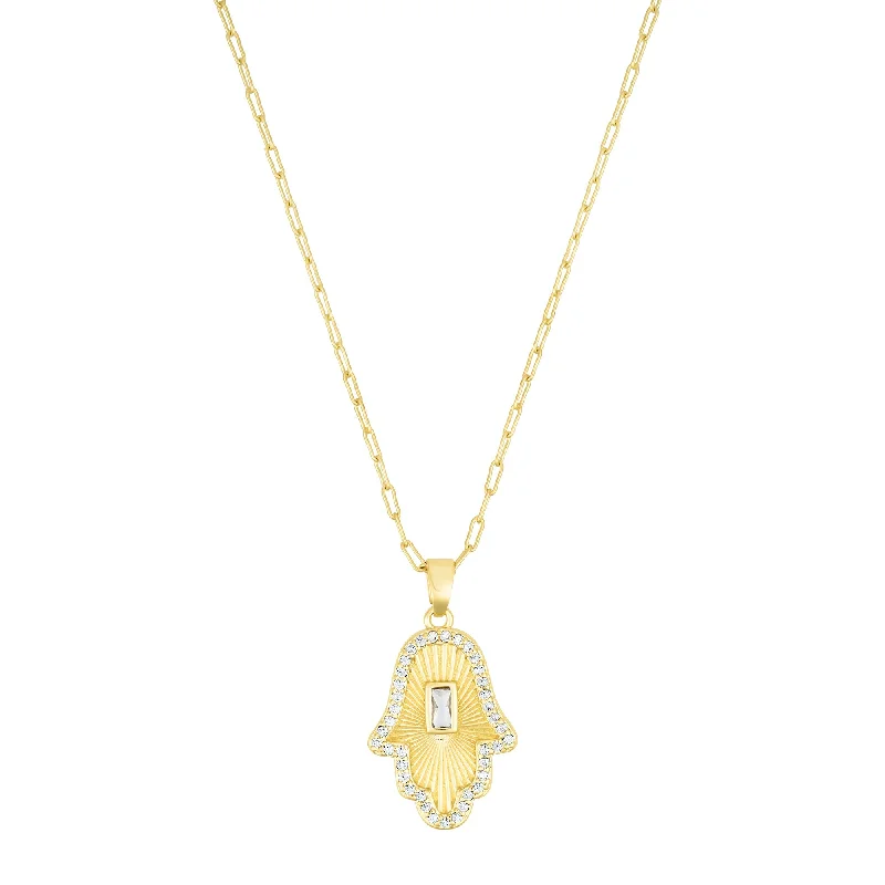 Chevron design necklaces-14k Gold Plated Baguette Stone Hamsa Necklace