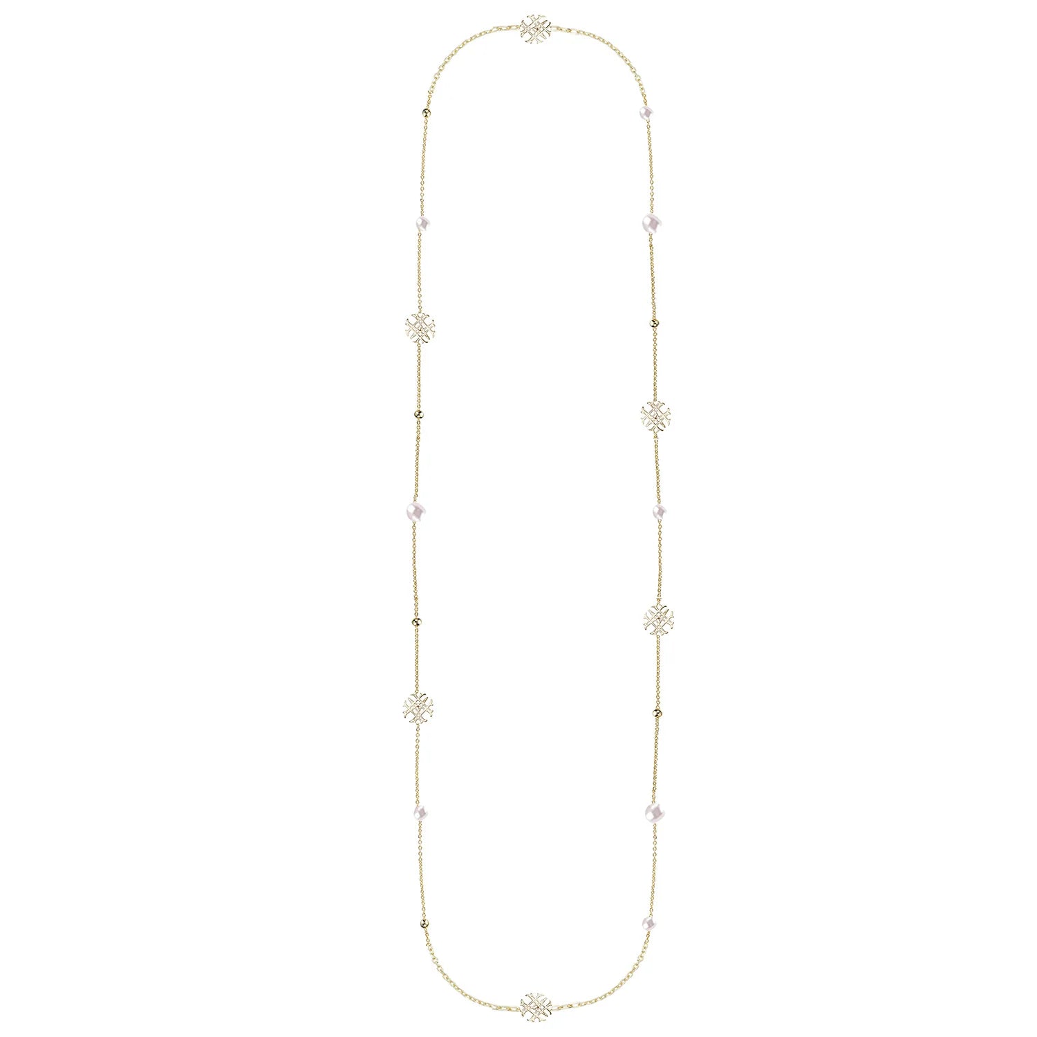 Crescent charm necklaces-Natalie Wood - Adorned Pearl Logo Station Necklace in Gold