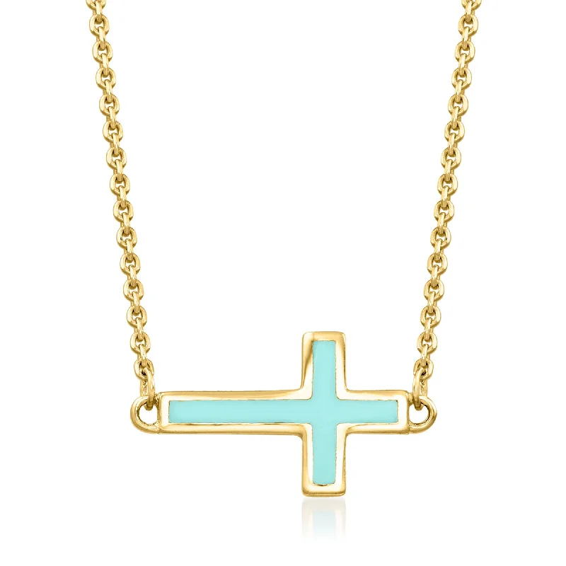 Floral pendant necklaces-RS Pure by Ross-Simons Turquoise Enamel Sideways Cross Necklace in 14kt Yellow Gold