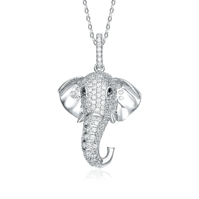 Art deco necklaces-Genevive white gold-Plated with Cubic ZIrconia Iced Out Lucky Elephant Head Pendant Necklace in Sterling Silver