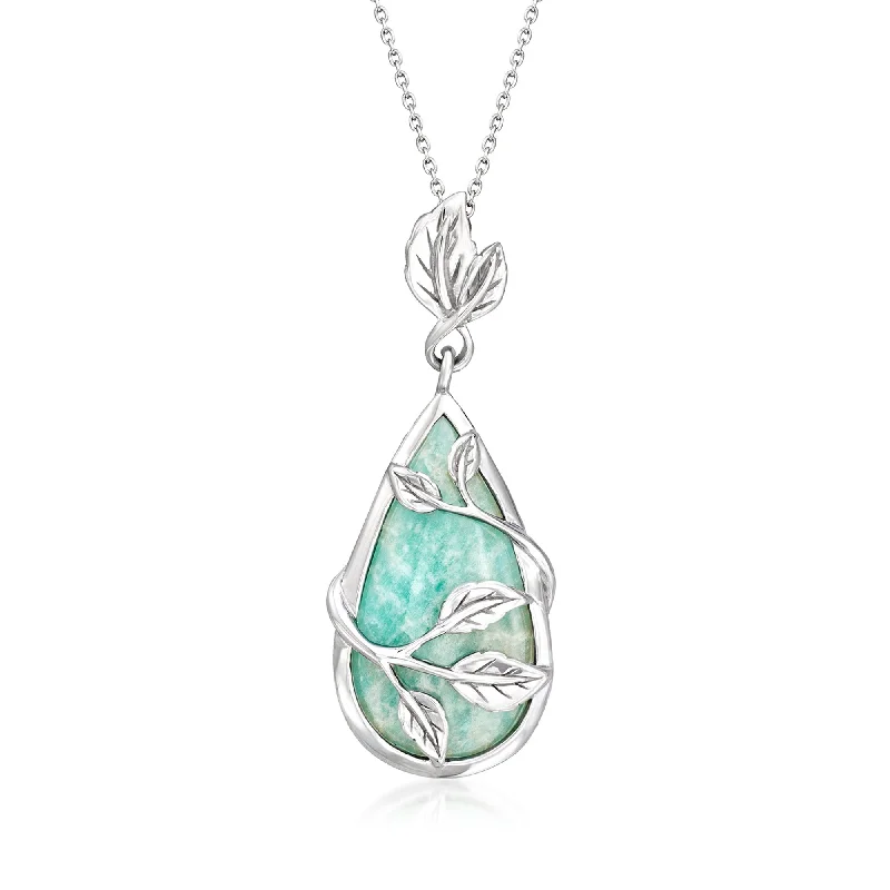 Braided cord necklaces-Ross-Simons Amazonite Leaf Pendant Necklace in Sterling Silver