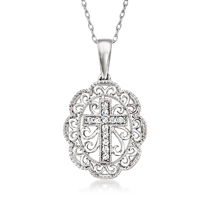 Labradorite necklaces-Ross-Simons Diamond Cross Filigree Pendant Necklace in Sterling Silver