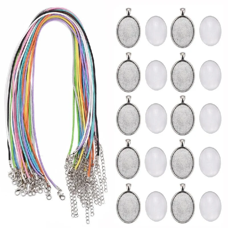 Multi-layer necklaces-10 Sets, Transparent Clear Glass Oval Necklace Kits Cotton Cord MultiColor