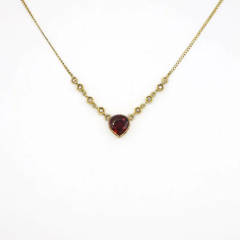 Matte gold necklaces-Vintage Italian Genuine Diamond and Pear Cut Garnet Necklace In 18K Yellow Gold