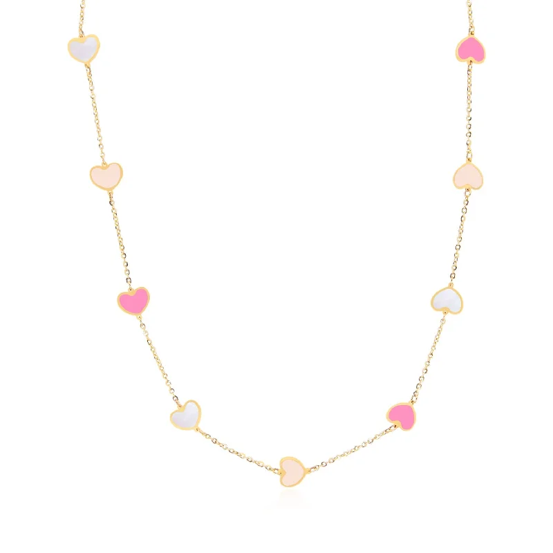 Triple-strand necklaces-Pink Mixed Heart Station Necklace