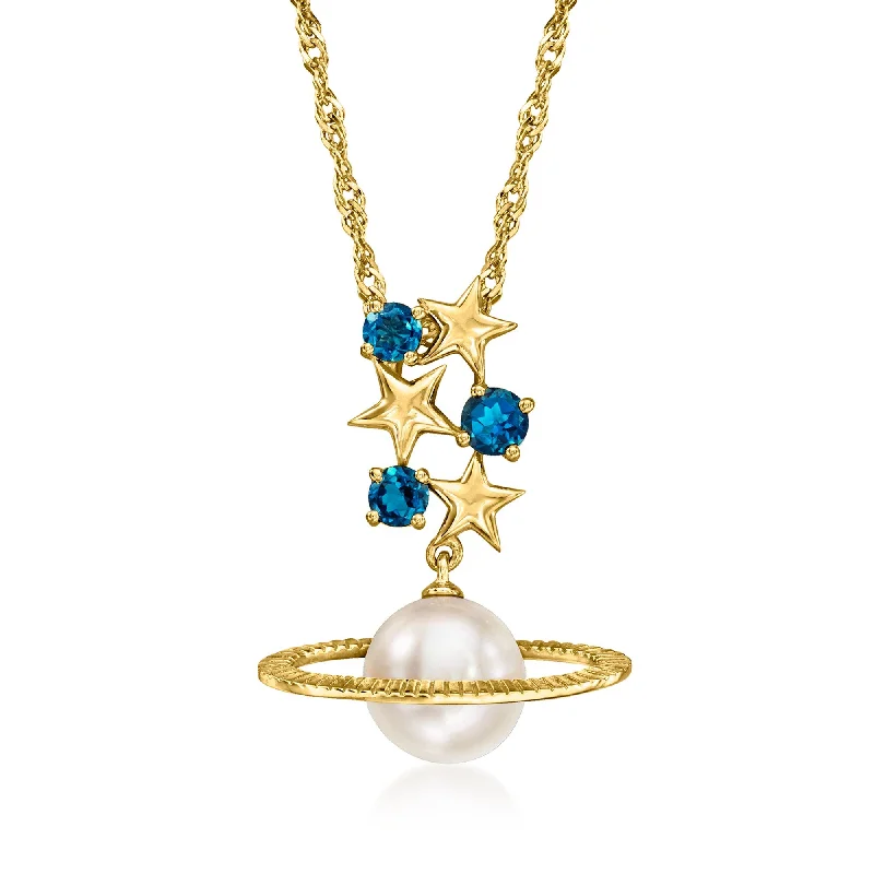 Triple-strand necklaces-Ross-Simons 9.5-10mm Cultured Button Pearl and . London Blue Topaz Celestial Pendant Necklace in 18kt Gold Over Sterling