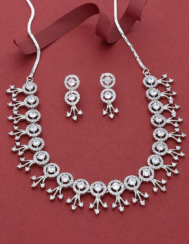 Sculpted link necklaces-Designer Rhodium Polish Zirconia Necklace Set