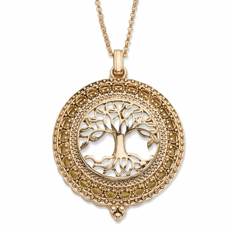 Moonstone necklaces-Tree of Life Antiqued Goldtone Magnifying Glass Pendant Necklace 24"