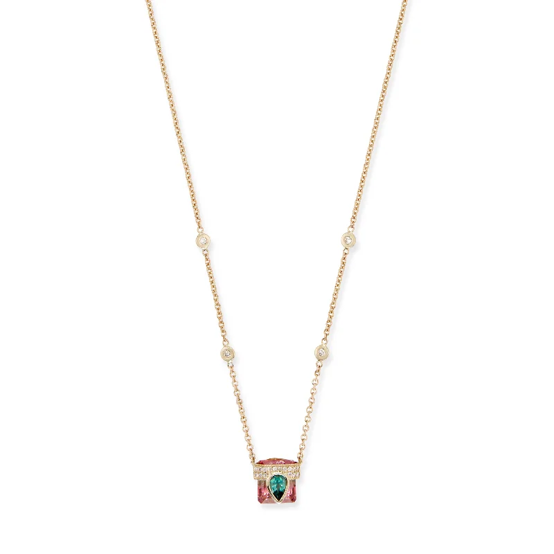 Heart motif necklaces-PAVE TEAL TOURMALINE TEARDROP CAP + WATERMELON TOURMALINE BAGUETTE NECKLACE