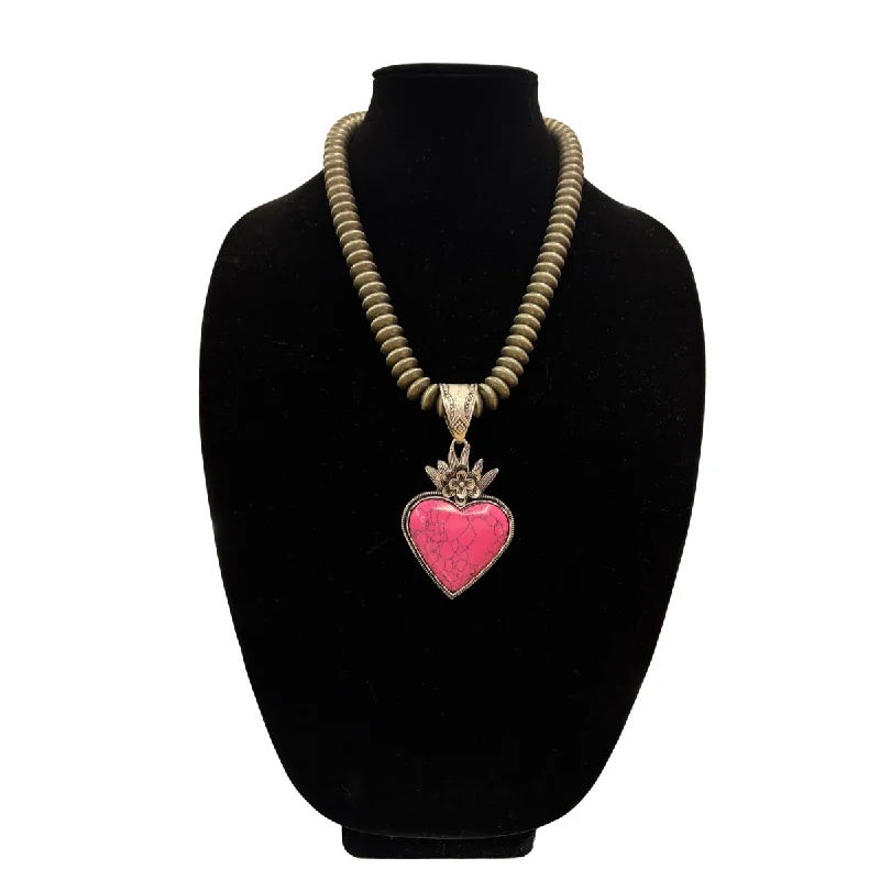 Luxe satin necklaces-22" Navajo Pearl Fashion Necklace w/ Hot Pink Heart Pendant