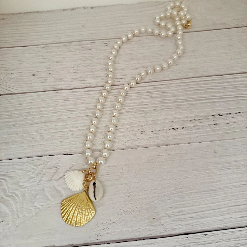 Tribal braid necklaces-Long Pearl Shell Charm Necklace