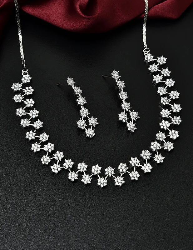 Dainty gem necklaces-Designer Rhodium Polish Zirconia Necklace Set