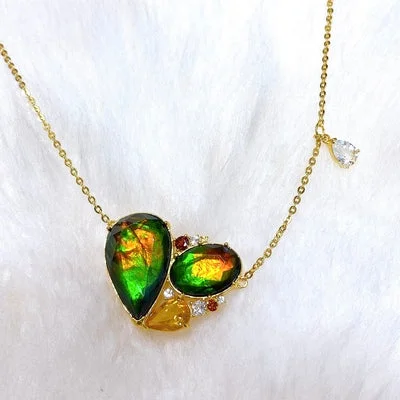 Baroque pearl necklaces-Ammolite Necklace 18k Gold Vermeil RADIANT Heart pendant with Garnet, Citrine and White Topaz