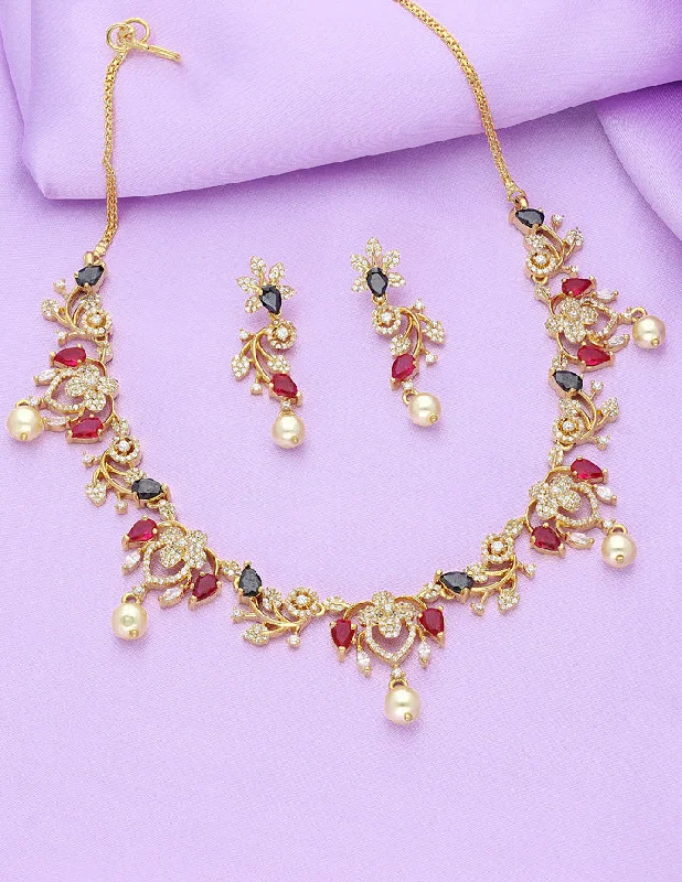 Layered stone necklaces-Designer Gold Plated Zirconia Necklace Set