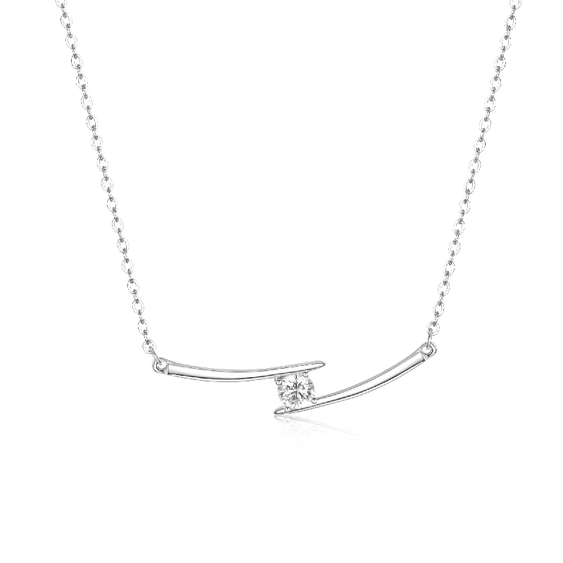 Sunflower charm necklaces-Sterling Silver with Diamond Cubic Zirconia Solitaire Double Bar Pendant Necklace