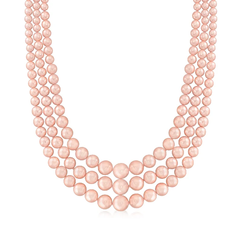 Statement collar necklaces-Ross-Simons 6-12mm Pink Shell Pearl 3-Strand Necklace With Sterling Silver