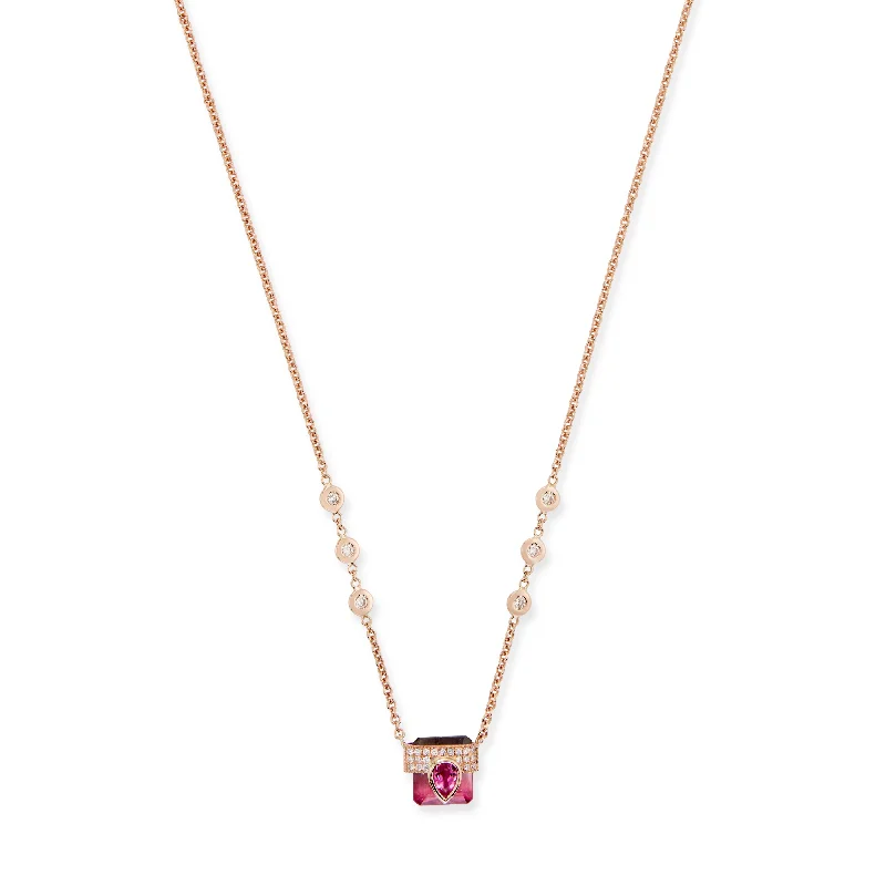 Long chain necklaces-PAVE PINK TOURMALINE TEARDROP CAP + BABY PINK TOURMALINE BAGUETTE NECKLACE