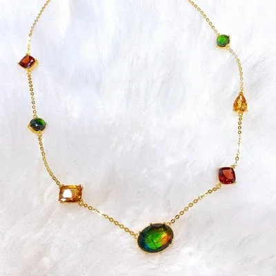 Triple-strand necklaces-Ammolite Necklace 18k Gold Vermeil RADIANT Station Necklace with Garnet and Citrine