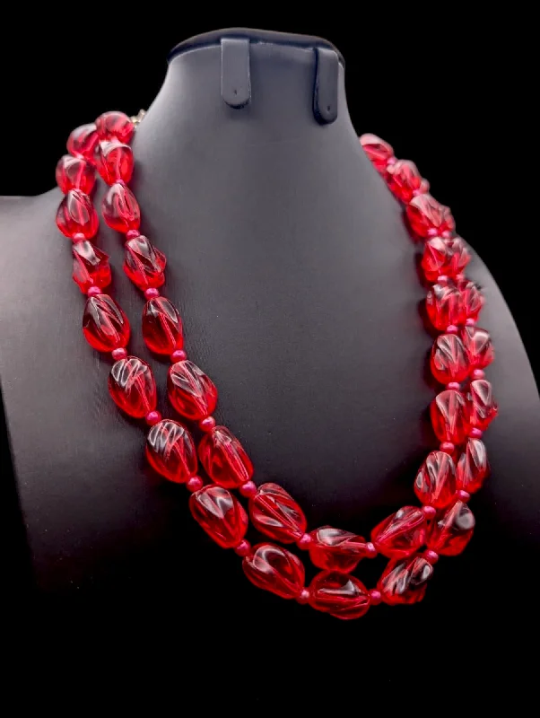 Tennis chain necklaces-1950s Red Jelly 2 Strand Necklace with Pink Beads and Hook Clasp