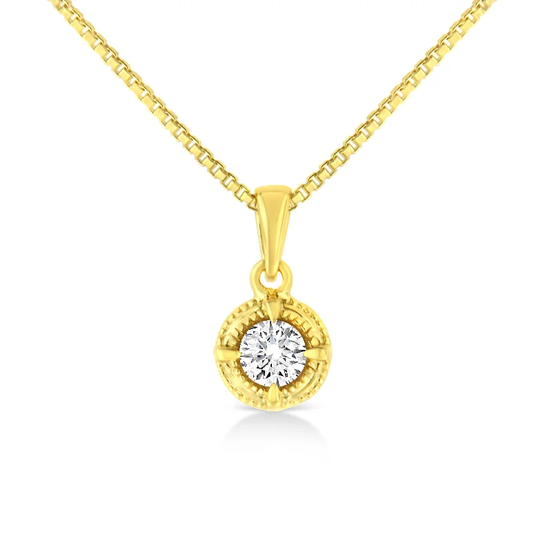 Handcrafted necklaces-14K Yellow Gold Plated .925 Sterling Silver Brilliant Round Cut Diamond Solitaire Milgrain 18" Pendant Necklace