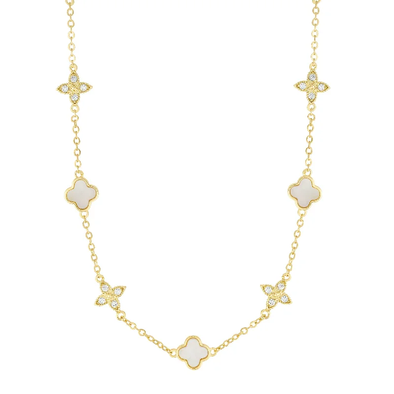 Geometric chain necklaces-14k Gold Plated Mixed Mother of Pearl and CZ Clover Station Necklace