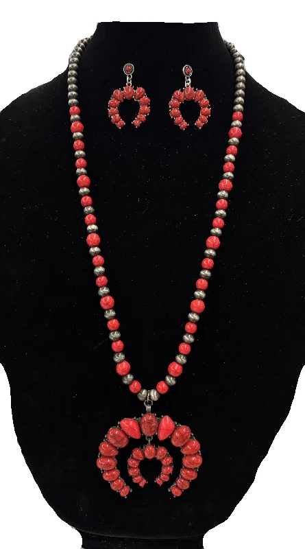 Beaded cluster necklaces-Navajo Pearl & Red Stones Necklace & Earring Set