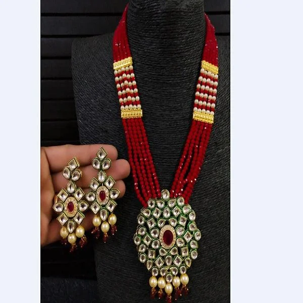 Wire-wrapped necklaces-Glass Crystal Beaded Kundan Multilayer Designer Necklace Earring Set