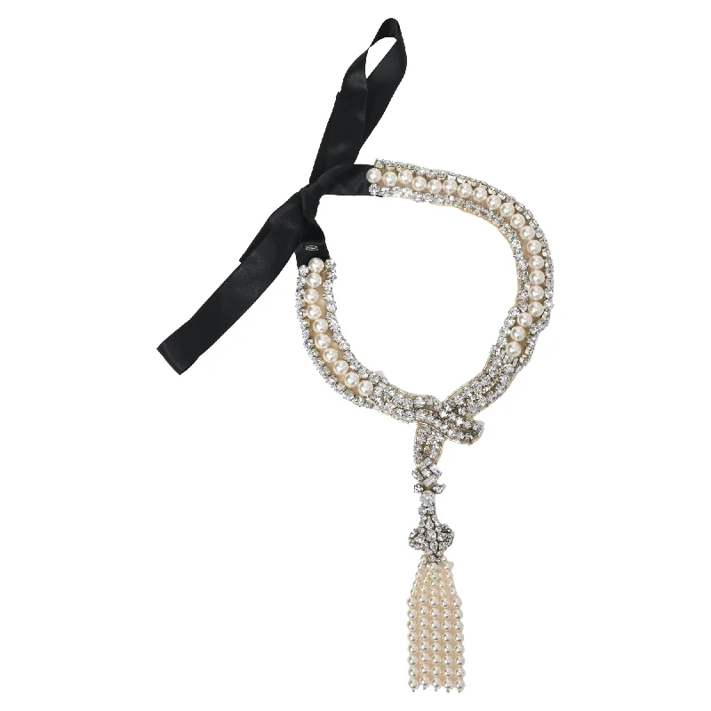 Teardrop stone necklaces-Dolce & Gabbana Ribbon Embellished Necklace in White Pearl