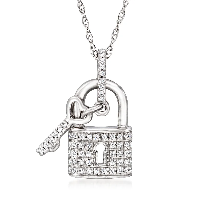 Dangling crystal necklaces-Ross-Simons Diamond-Accented Lock and Heart Key Pendant Necklace in 14kt White Gold