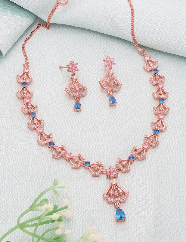 Crystal charm necklaces-Floral Design Rose Gold Zirconia Necklace Set