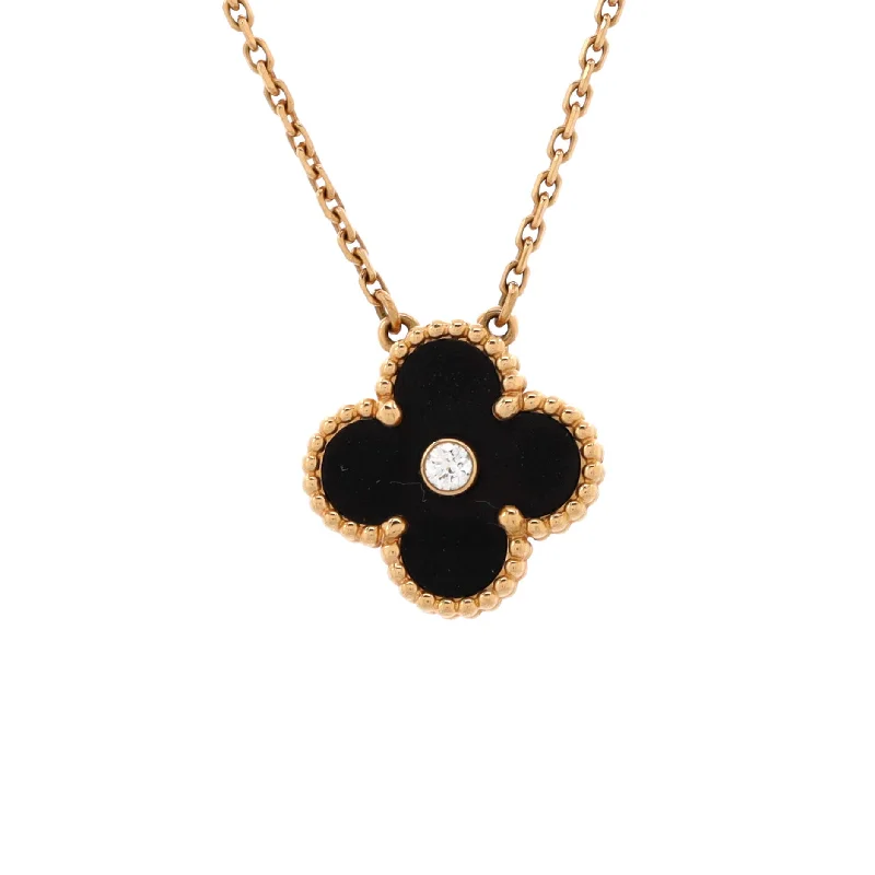 Moonstone necklaces-Vintage Alhambra Pendant Necklace 18K Rose Gold and Onyx with Diamond