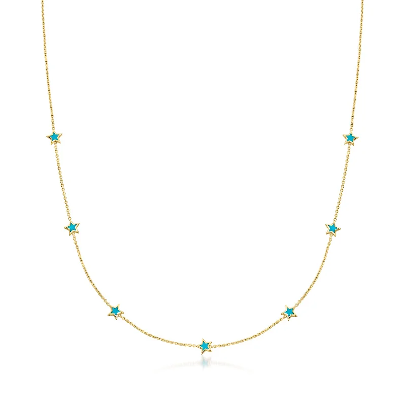 Chunky stone necklaces-RS Pure by Ross-Simons Teal Enamel Star Station Necklace in 14kt Yellow Gold