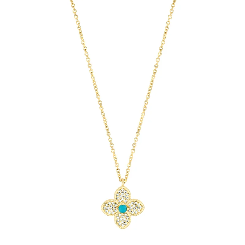 Engraved charm necklaces-14k Gold Plated Turquoise Flower Necklace