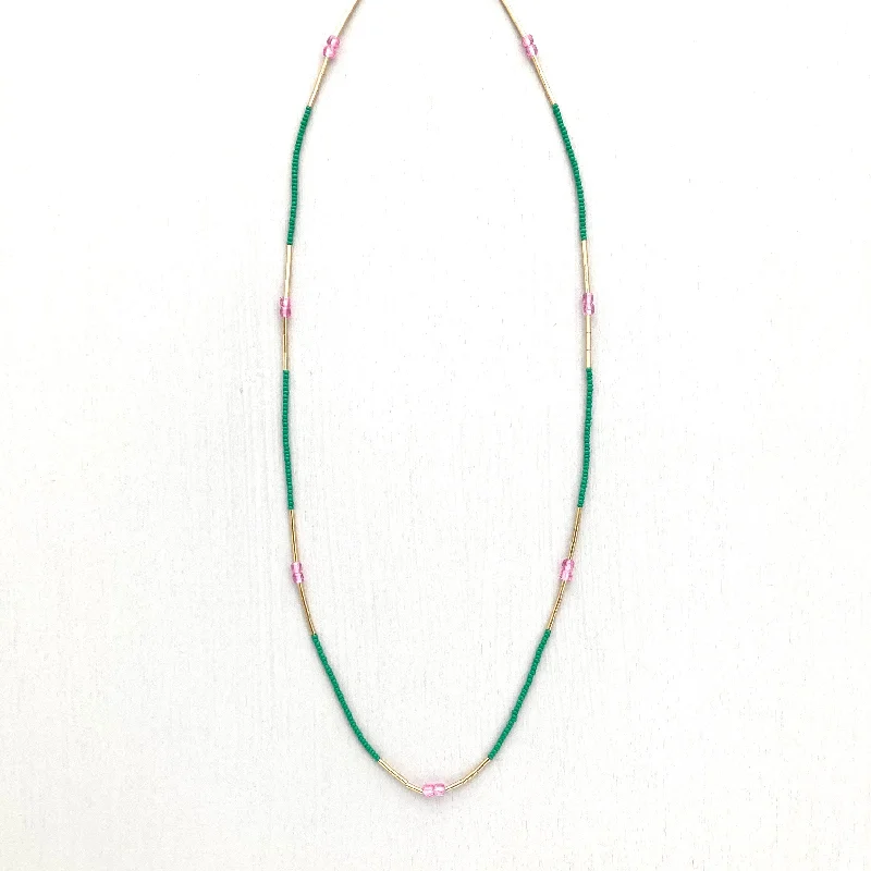 Long chain necklaces-NEW! Jade Seed and Pink Topaz Beaded Necklace by Debbie Fisher